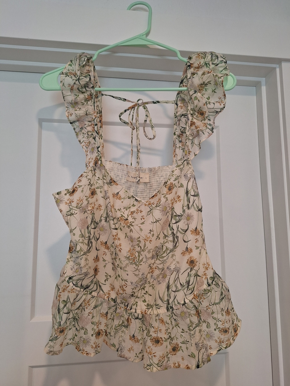 Floral Ruffle Strap Sleeveless Top - Cream/Green